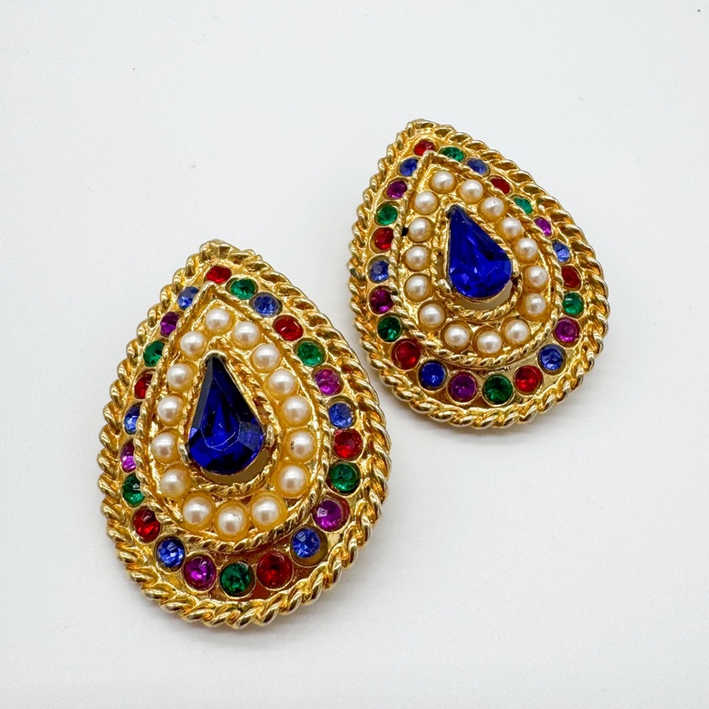 Vintage Costume Large Multicolored Rhinestone Faux Pearl Clip On Earrings 1980s